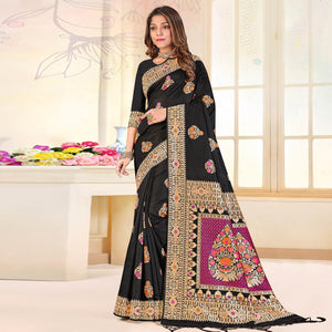 Black Festive Wear Woven Jari Border Soft Silk Saree - Peachmode