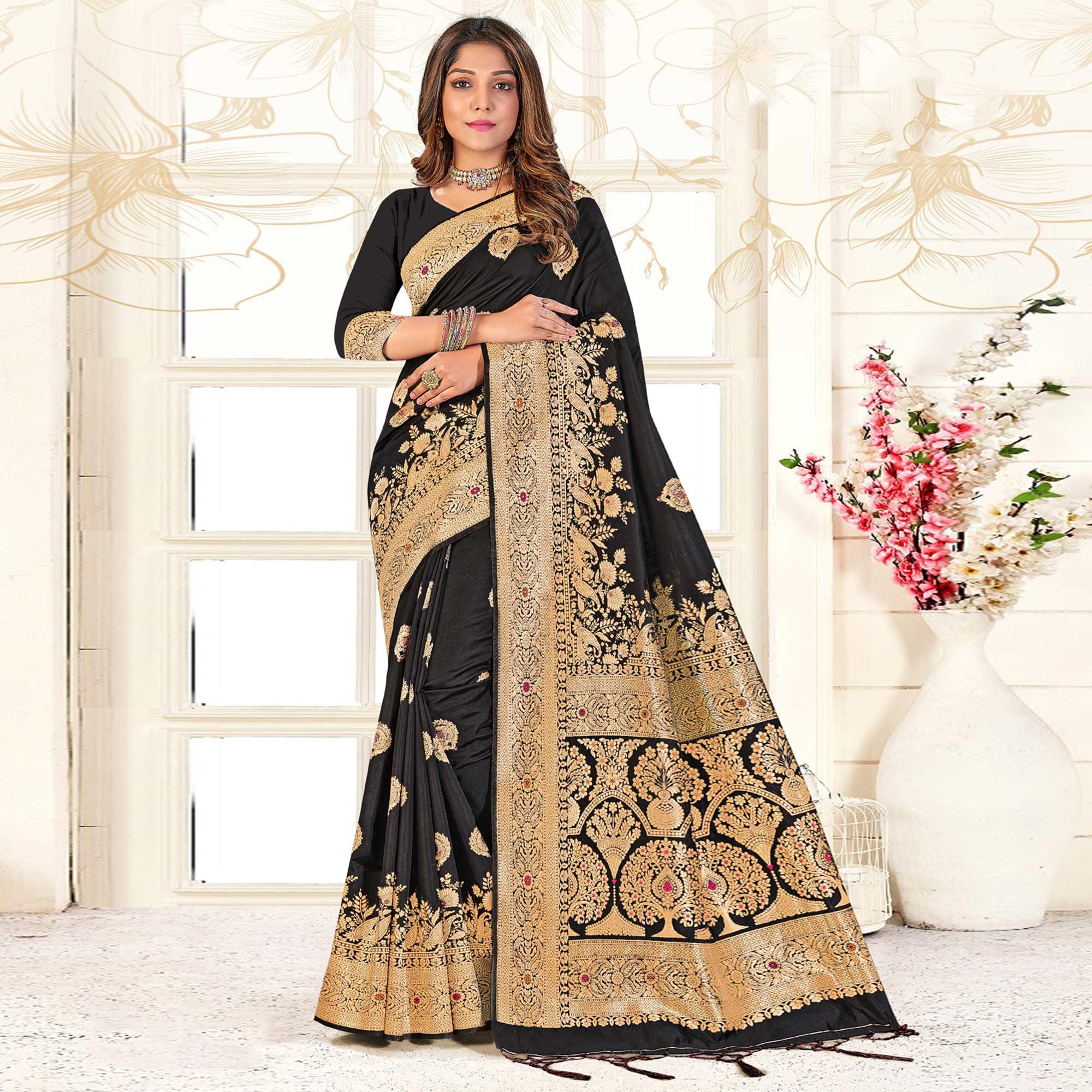 Black Festive Wear Woven Jari Border Soft Silk Saree - Peachmode