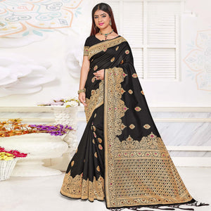 Black Festive Wear Woven Jari Border Soft Silk Saree - Peachmode