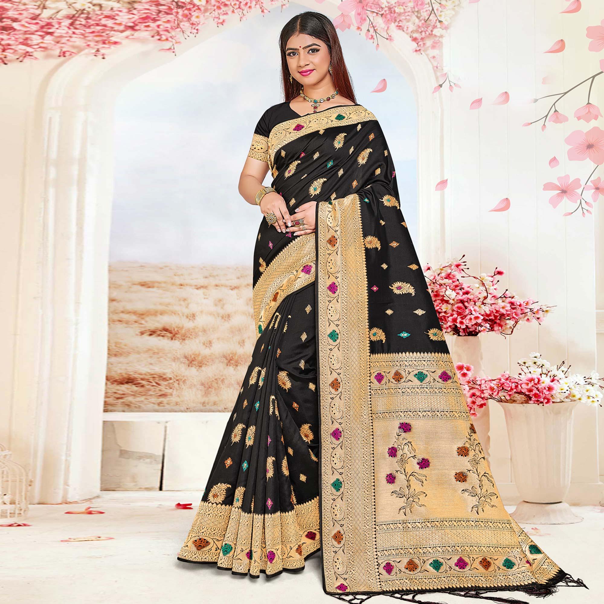 Black Festive Wear Woven Jari Border Soft Silk Saree - Peachmode
