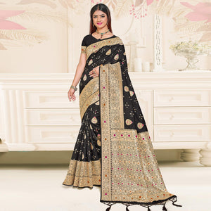 Black Festive Wear Woven Jari Border Soft Silk Saree - Peachmode