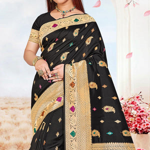 Black Festive Wear Woven Jari Border Soft Silk Saree - Peachmode