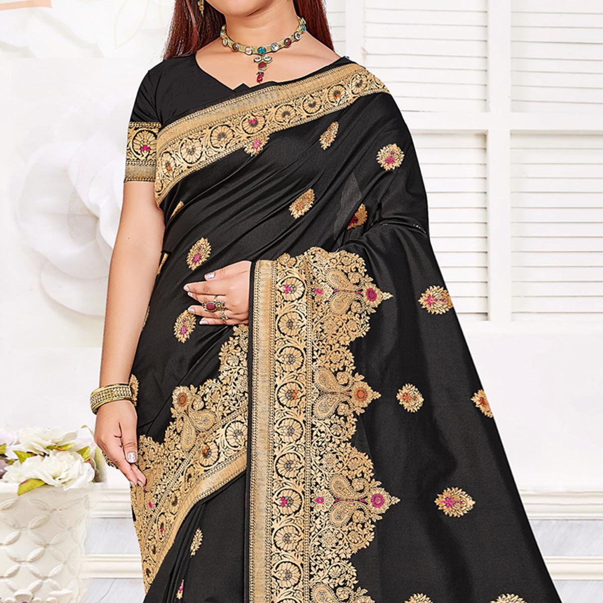 Black Festive Wear Woven Jari Border Soft Silk Saree - Peachmode
