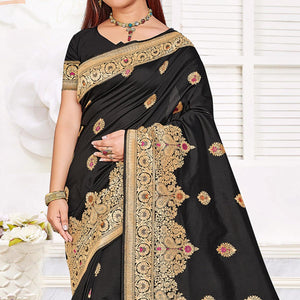 Black Festive Wear Woven Jari Border Soft Silk Saree - Peachmode