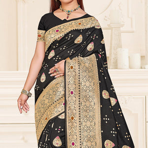 Black Festive Wear Woven Jari Border Soft Silk Saree - Peachmode
