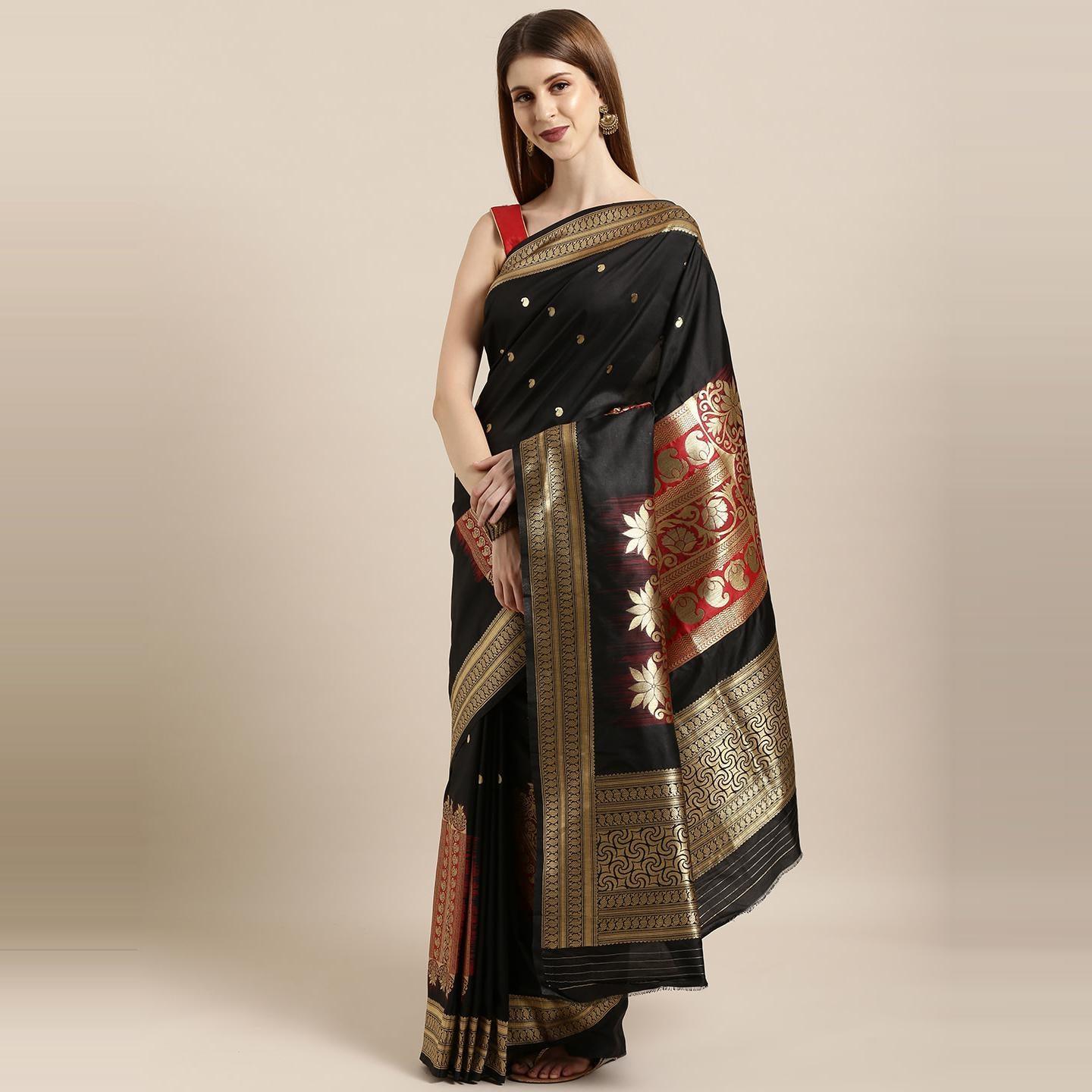 Black Festive Wear Woven Kanjivaram Silk Saree - Peachmode