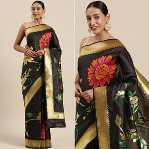 Black Festive Wear Woven Kanjivaram Silk Saree - Peachmode