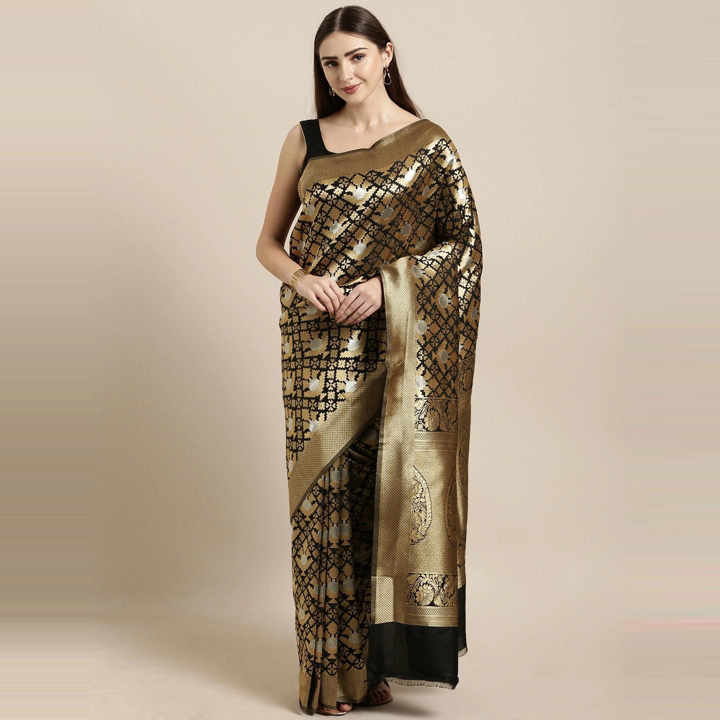 Black Festive Wear Woven Kanjivaram Silk Saree - Peachmode