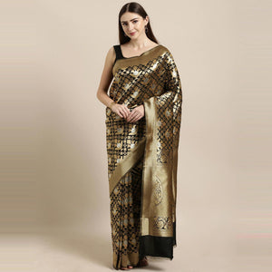 Black Festive Wear Woven Kanjivaram Silk Saree - Peachmode