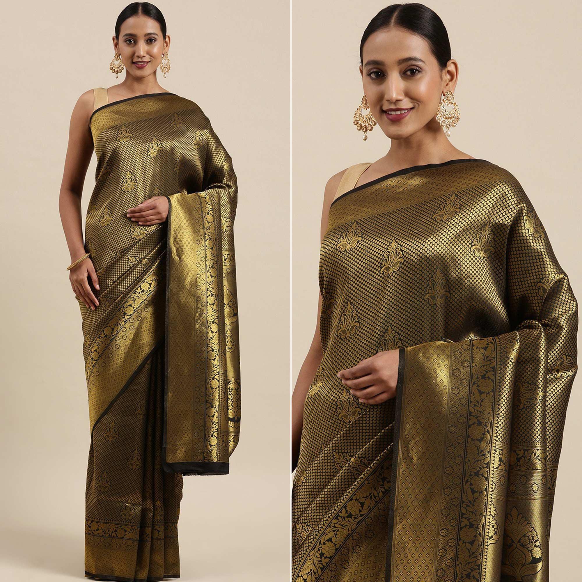 Black Festive Wear Woven Kanjivaram Silk Saree - Peachmode