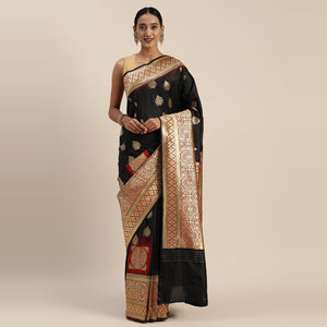 Black Festive Wear Woven Kanjivaram Silk Saree - Peachmode