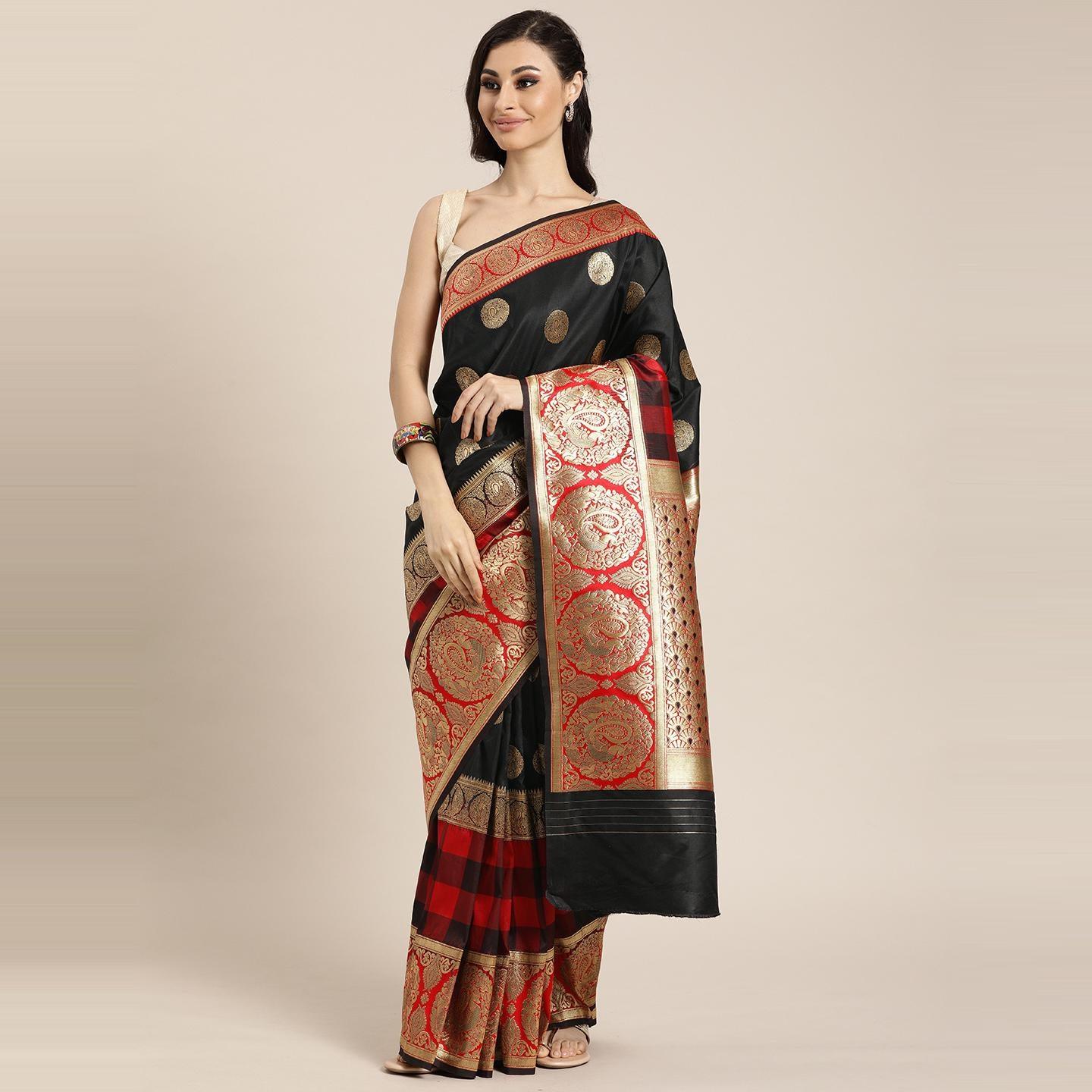 Black Festive Wear Woven Kanjivaram Silk Saree - Peachmode