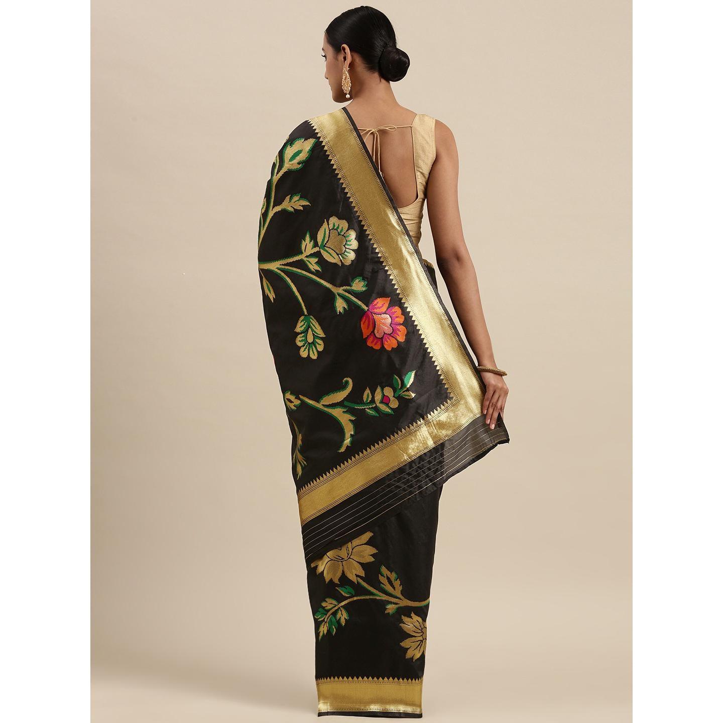 Black Festive Wear Woven Kanjivaram Silk Saree - Peachmode