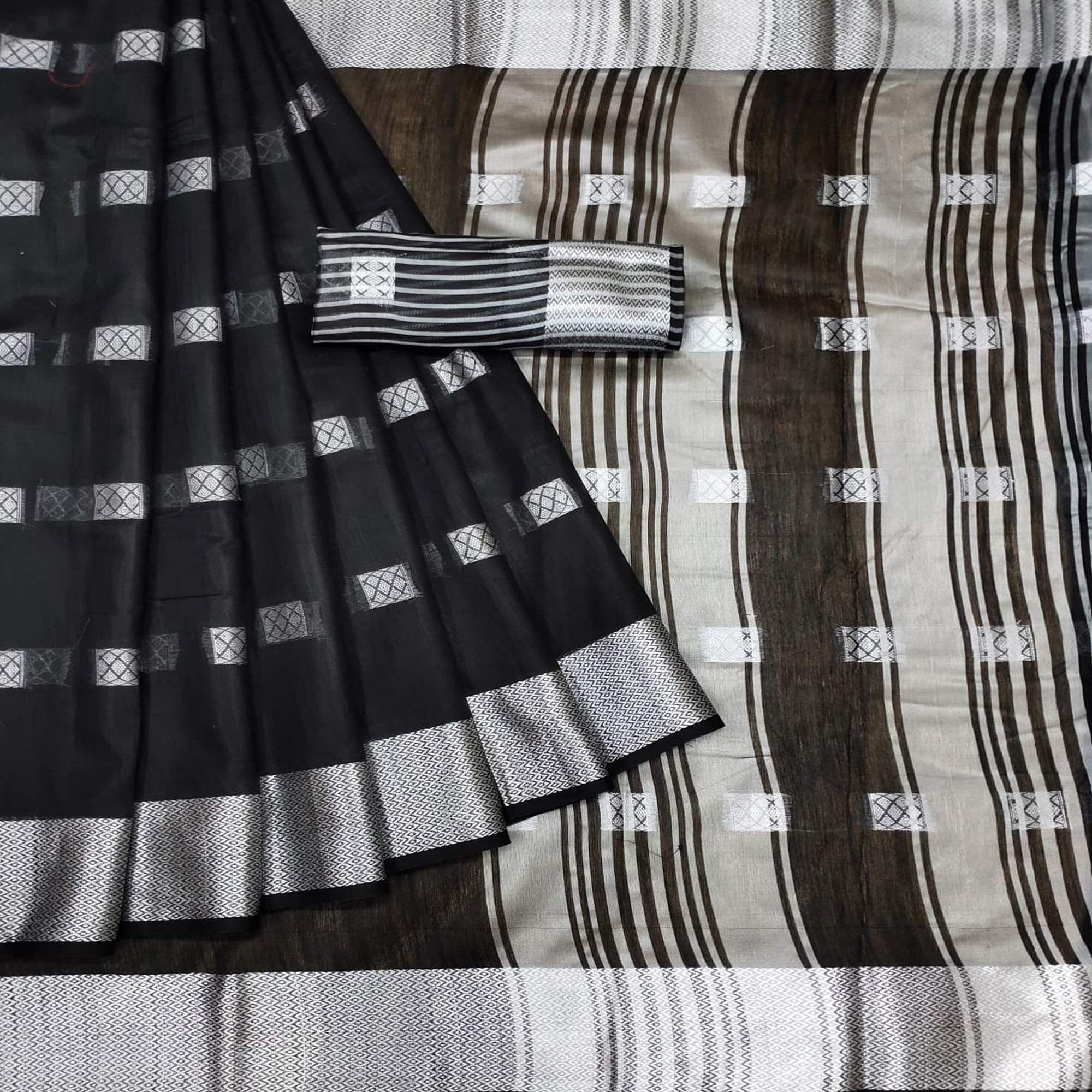 Black Festive Wear Woven Linen Saree - Peachmode