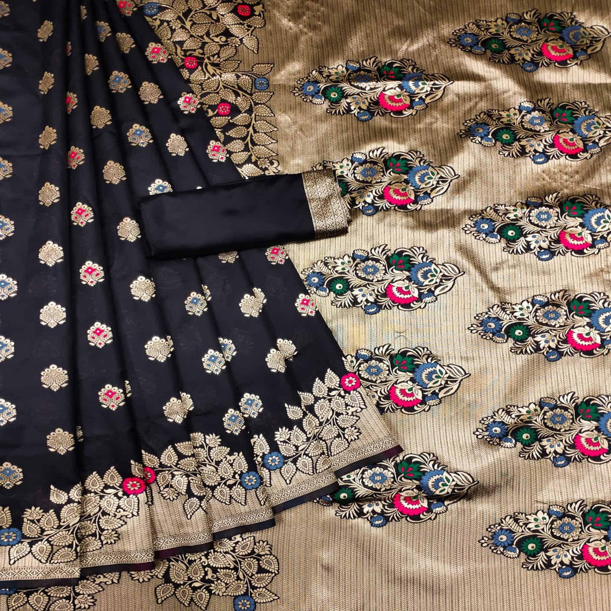 Black Festive Wear Woven Litchi Silk Saree - Peachmode