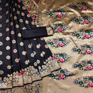 Black Festive Wear Woven Litchi Silk Saree - Peachmode