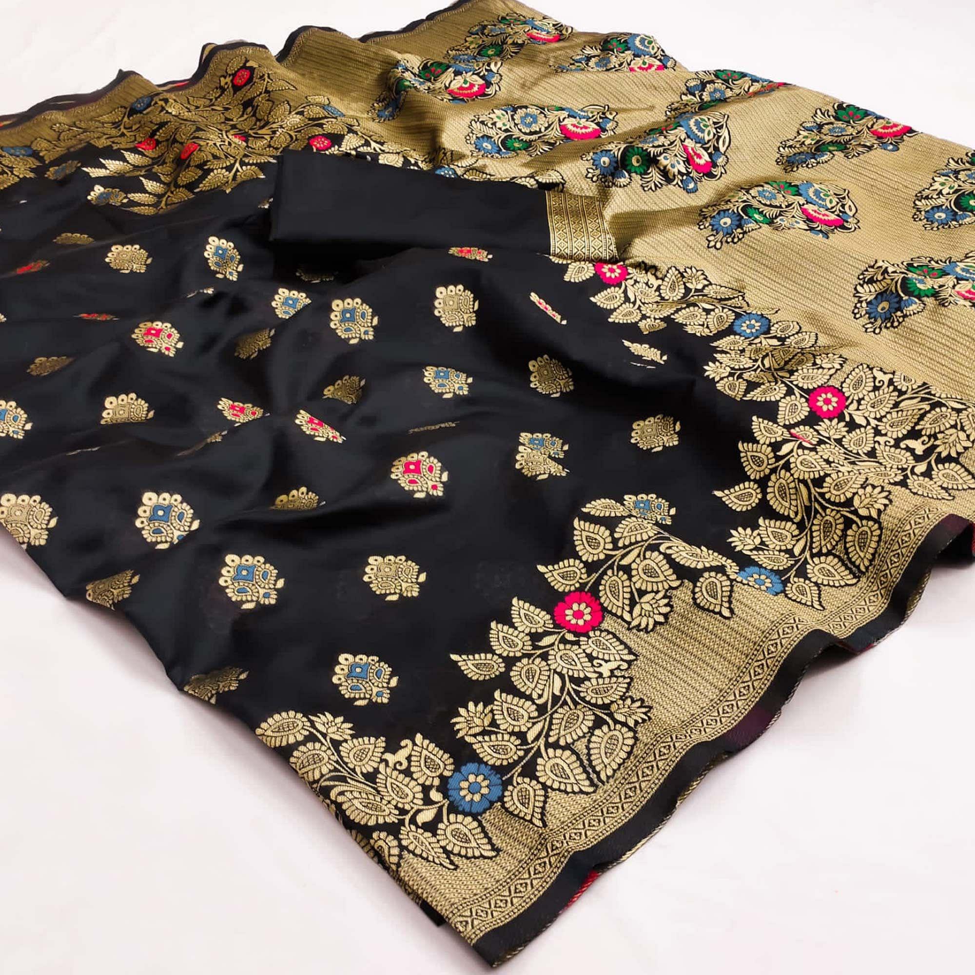 Black Festive Wear Woven Litchi Silk Saree - Peachmode
