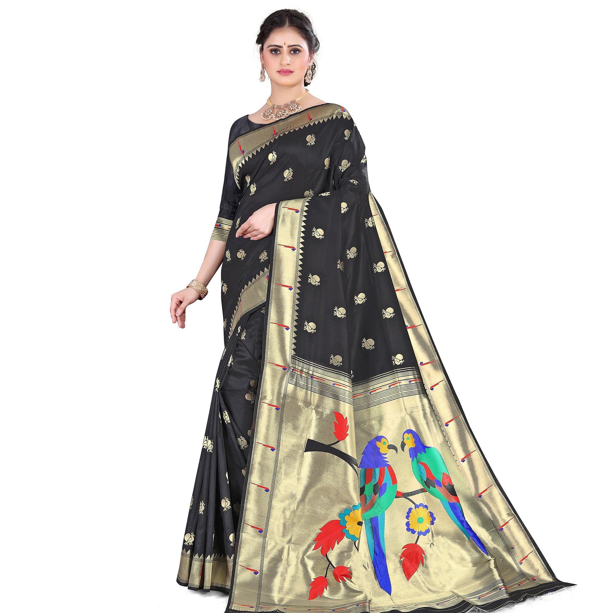 Black Festive Wear Woven Pure Paithani Silk Saree - Peachmode