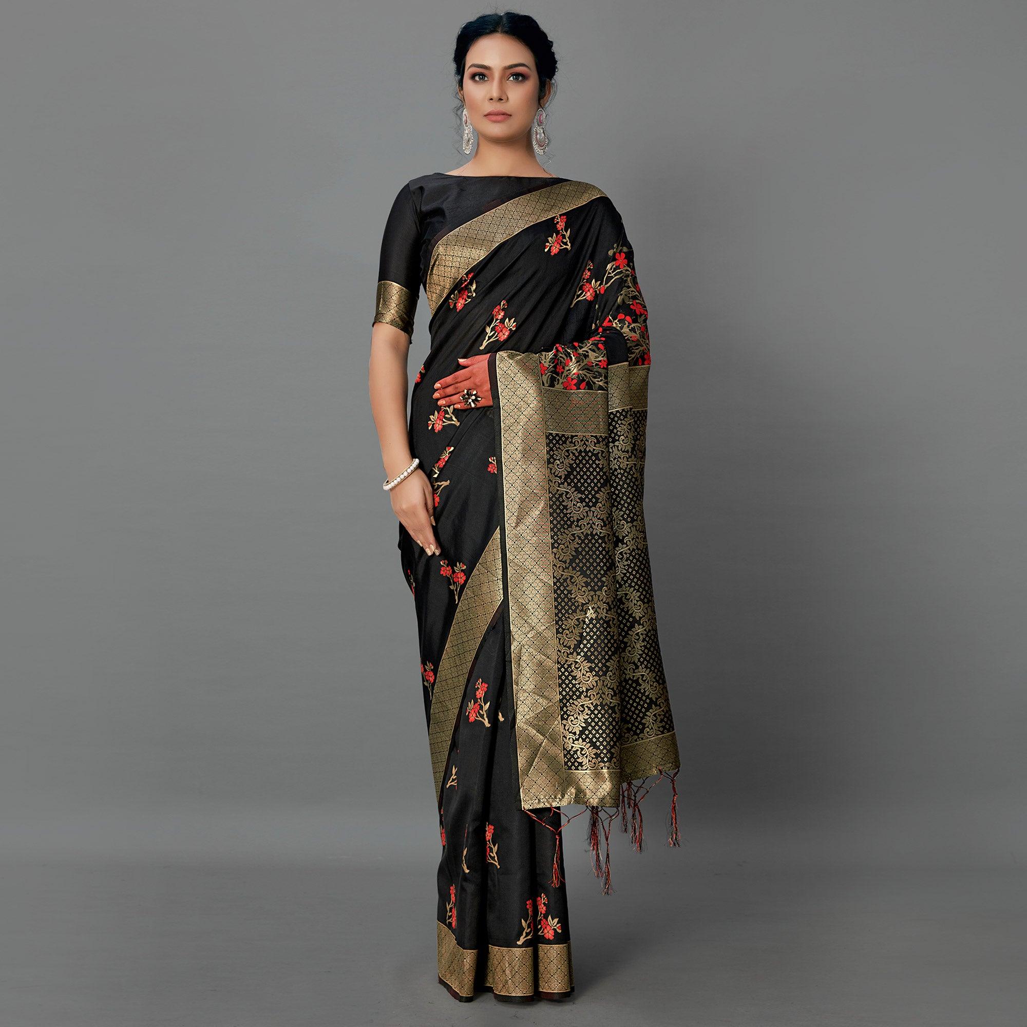 Black Festive Wear Woven Silk Blend  Saree - Peachmode