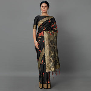 Black Festive Wear Woven Silk Blend  Saree - Peachmode