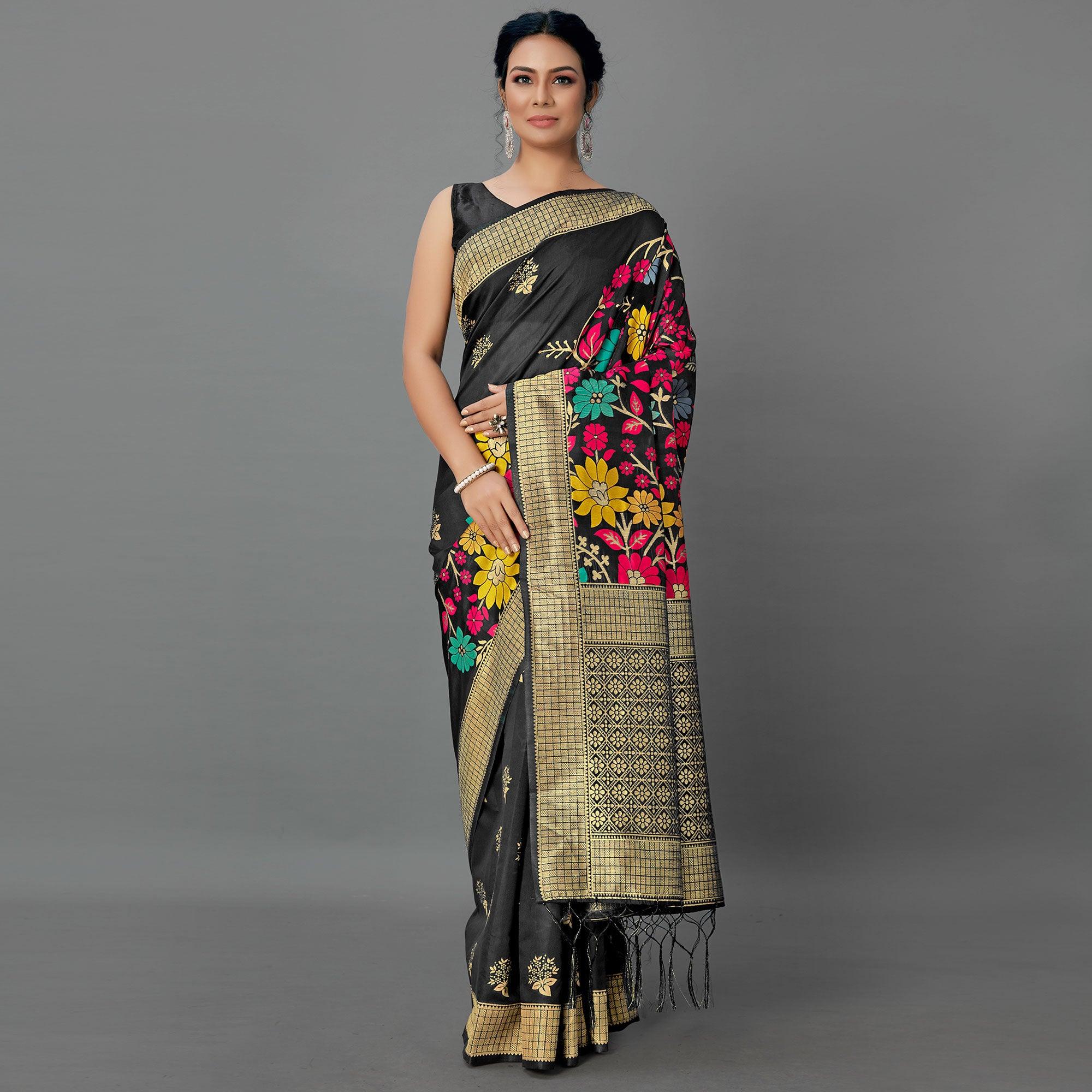 Black Festive Wear Woven Silk Blend Saree - Peachmode