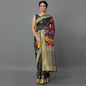 Black Festive Wear Woven Silk Blend Saree - Peachmode