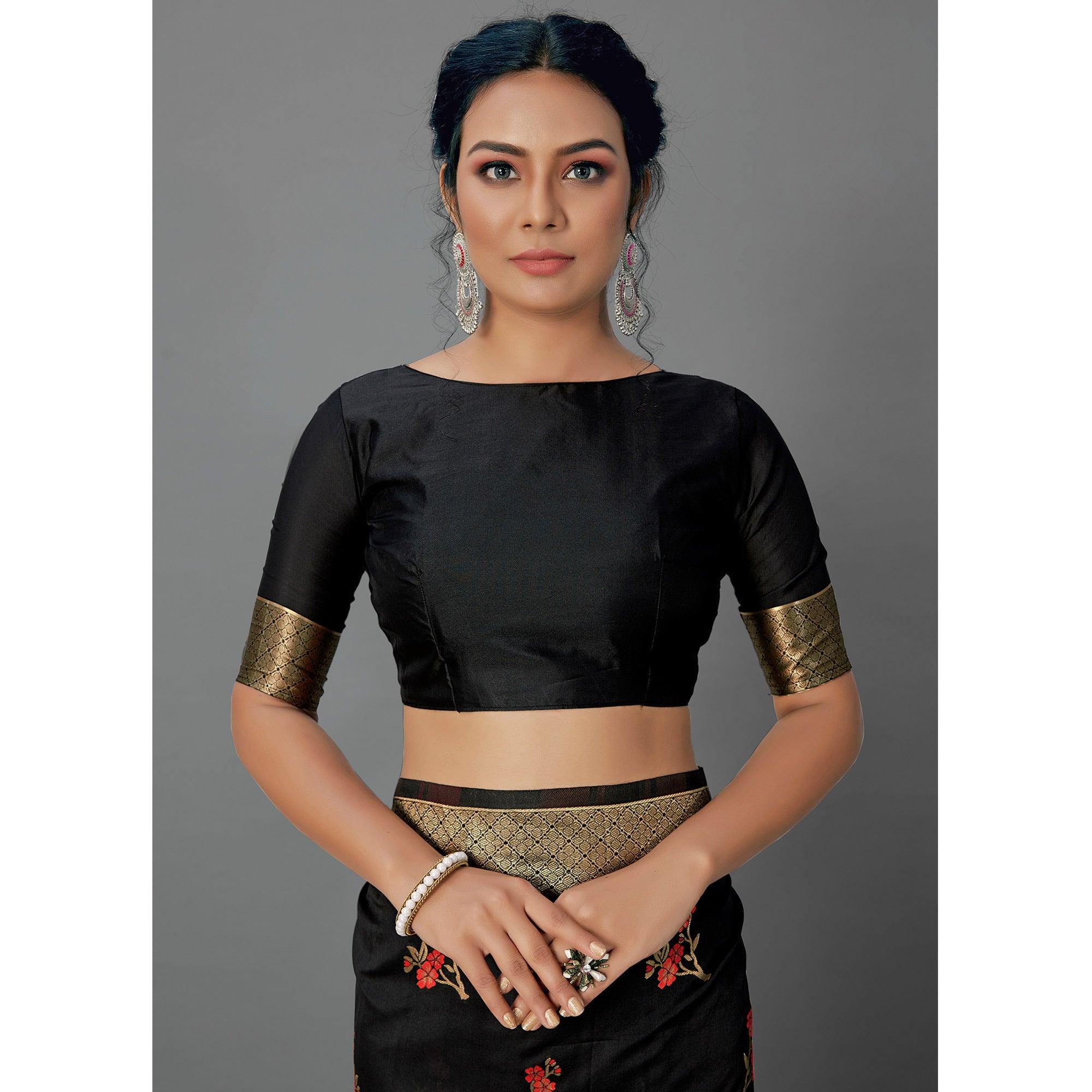 Black Festive Wear Woven Silk Blend  Saree - Peachmode