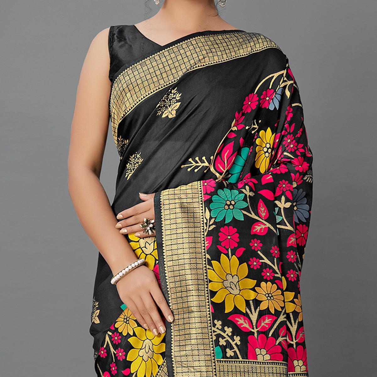 Black Festive Wear Woven Silk Blend
 Saree - Peachmode