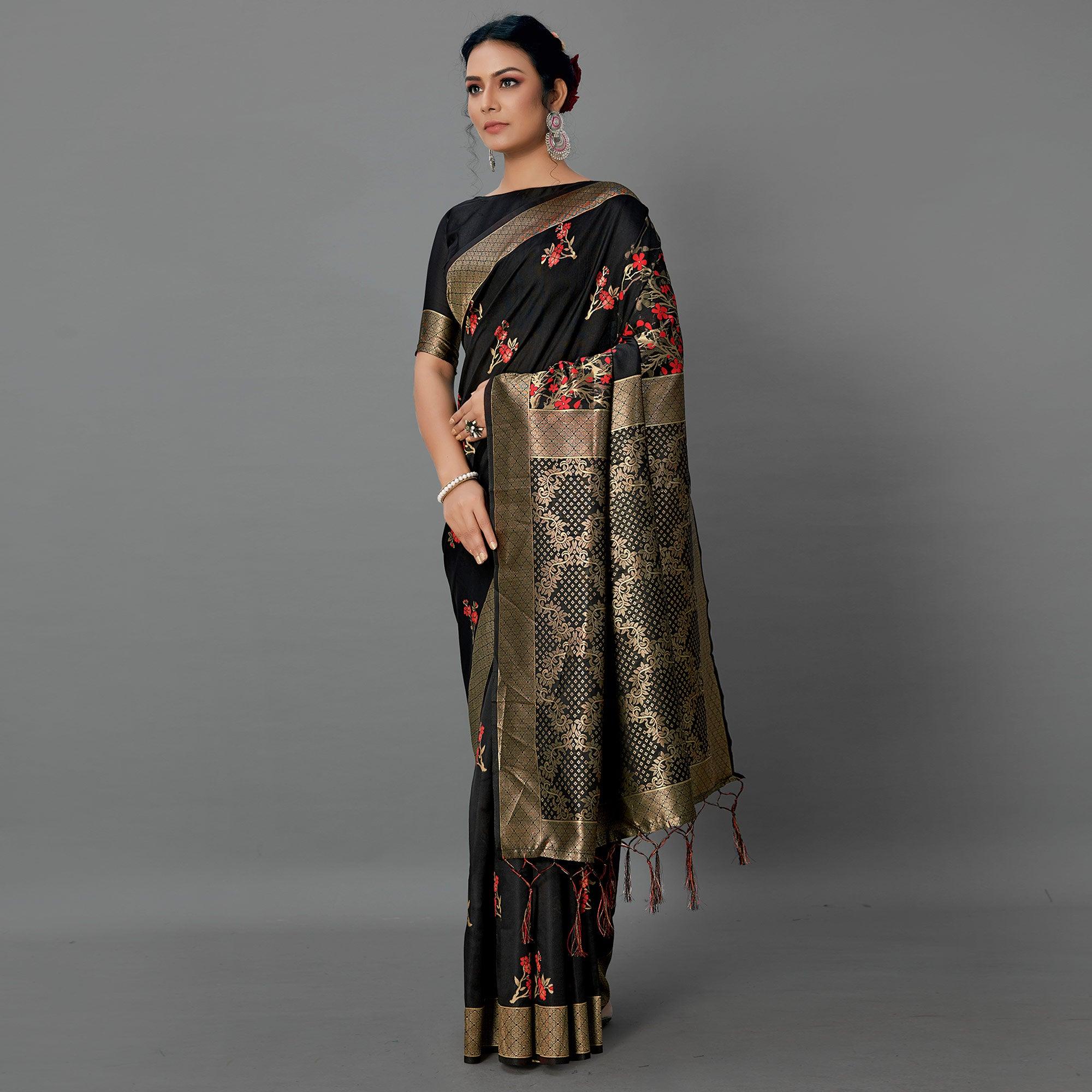 Black Festive Wear Woven Silk Blend  Saree - Peachmode