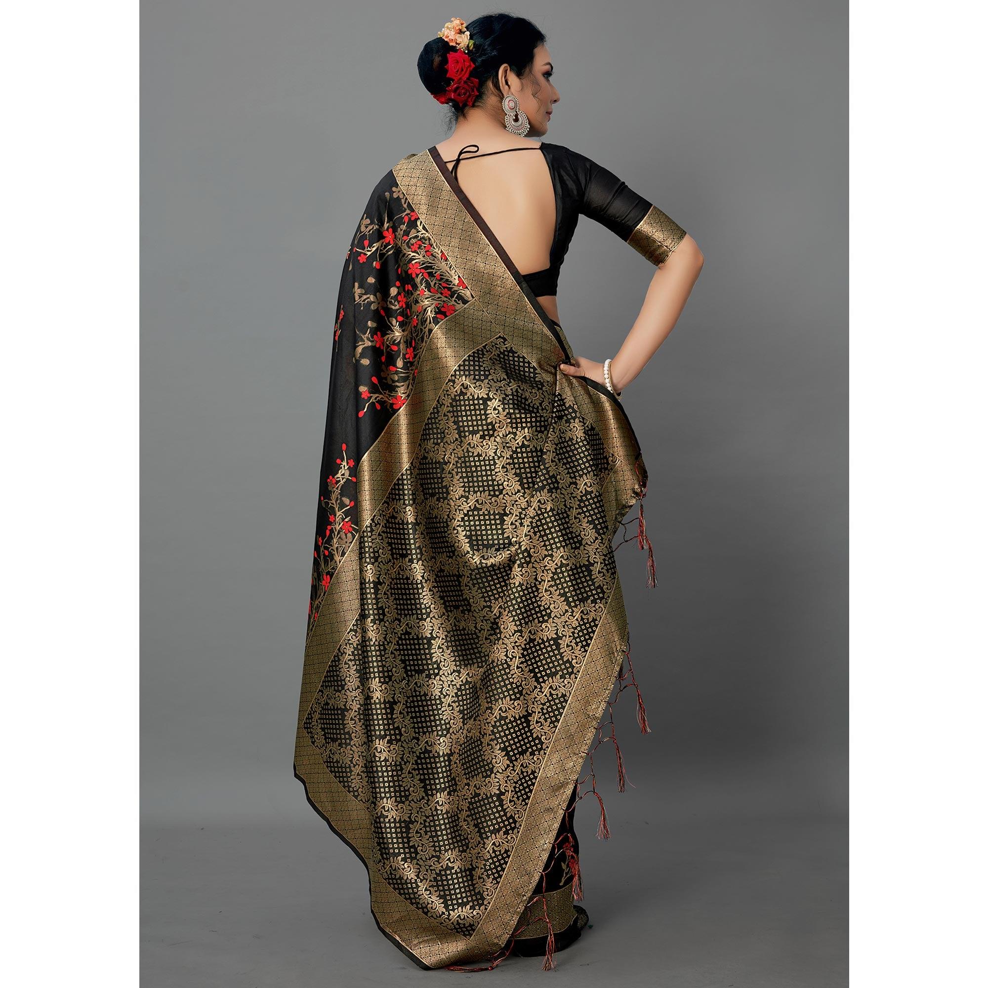 Black Festive Wear Woven Silk Blend  Saree - Peachmode