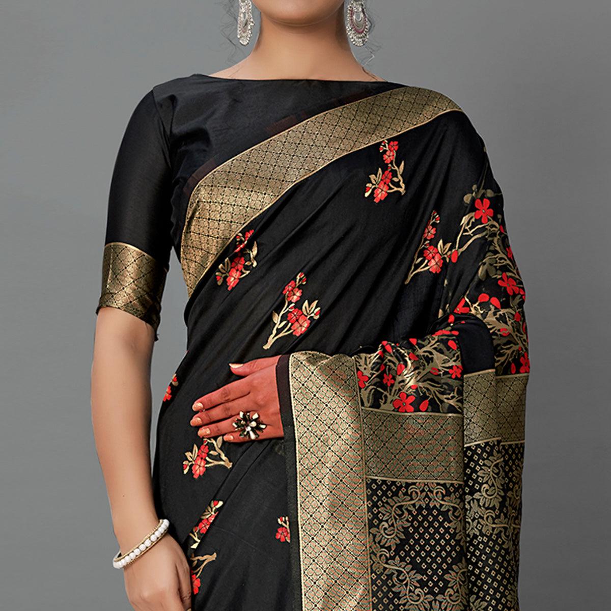 Black Festive Wear Woven Silk Blend  Saree - Peachmode