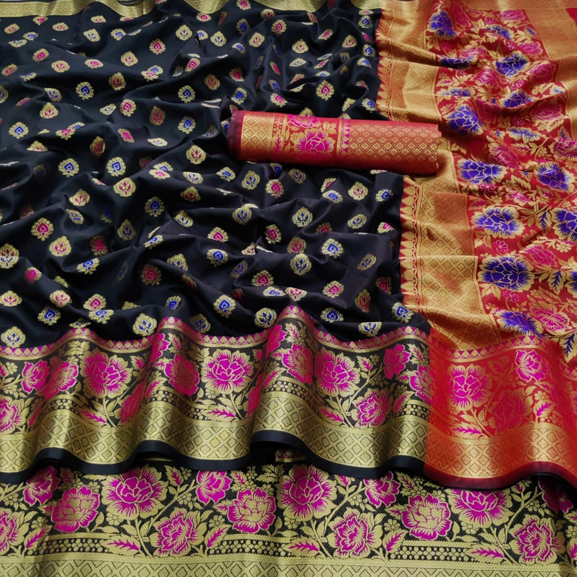 Black Festive Wear Woven Silk Saree - Peachmode