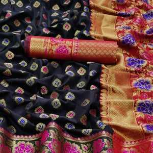 Black Festive Wear Woven Silk Saree - Peachmode