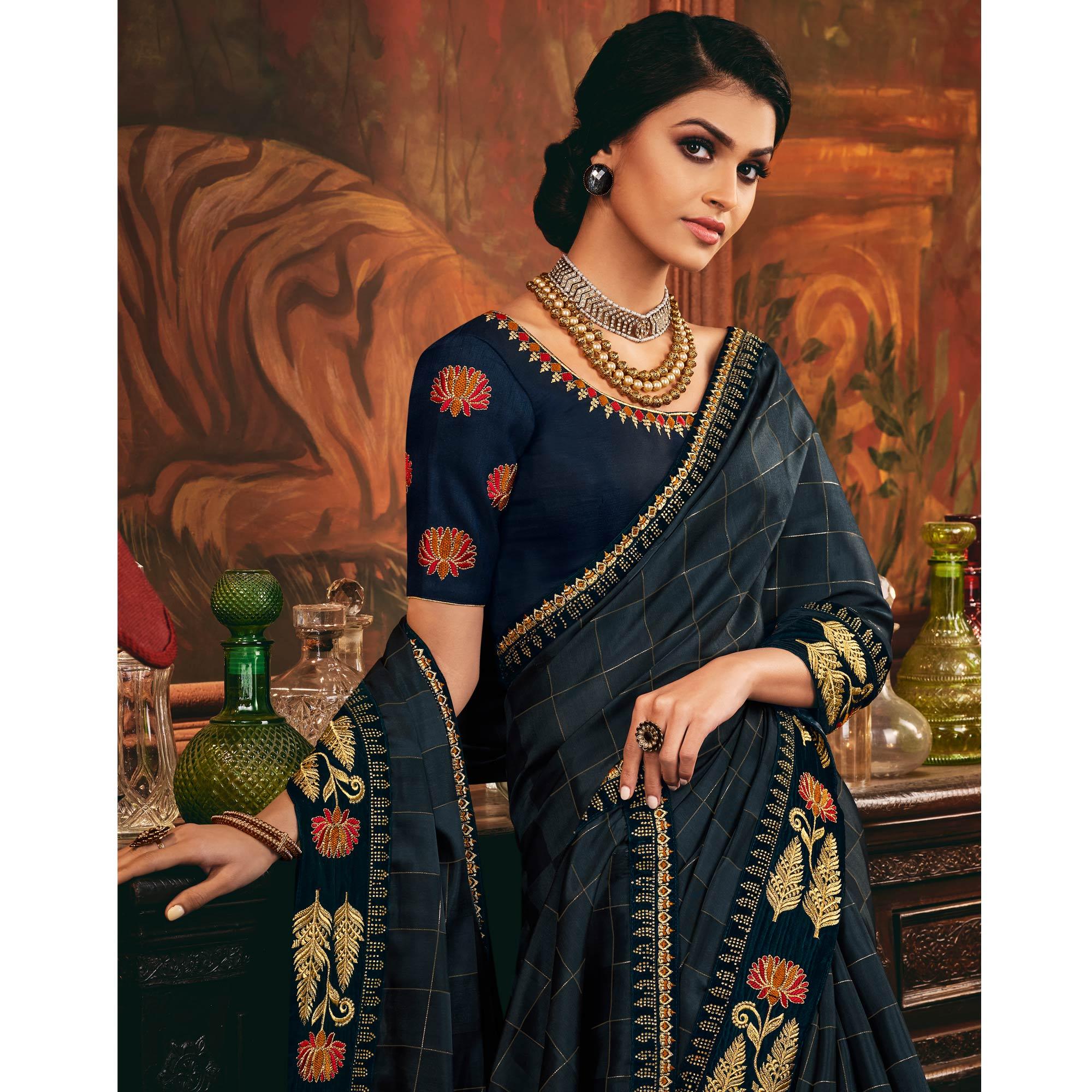 Black Festive Wear Woven Silk Saree - Peachmode