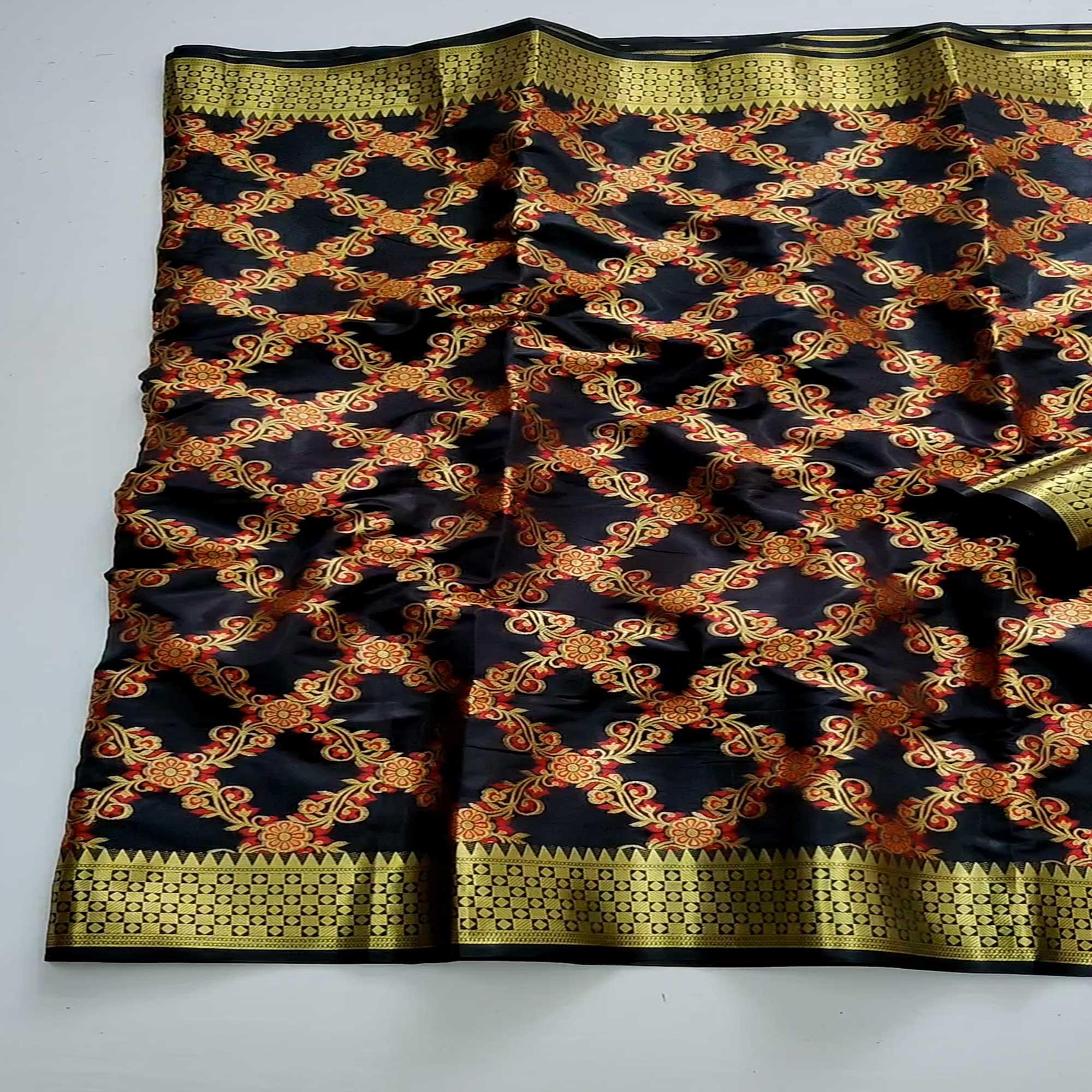 Black Festive Wear Woven Silk Saree With Meena Butta Rich Pallu - Peachmode