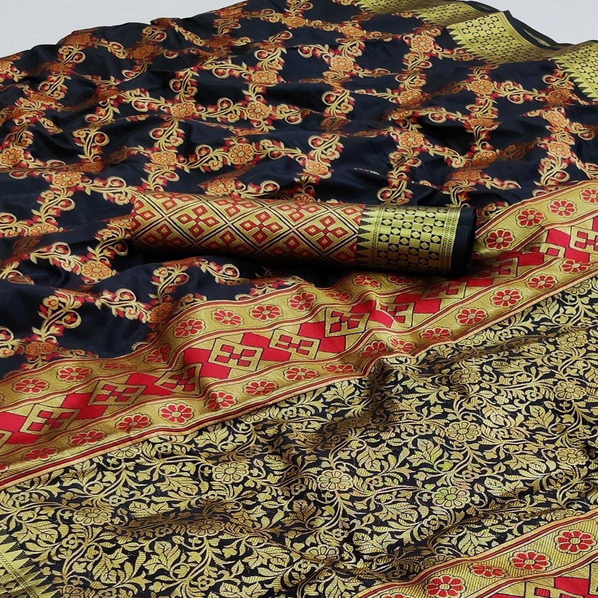 Black Festive Wear Woven Silk Saree With Meena Butta Rich Pallu - Peachmode
