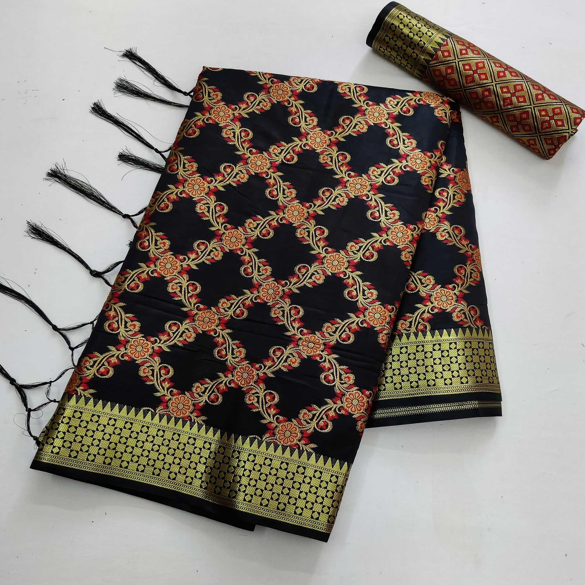 Black Festive Wear Woven Silk Saree With Meena Butta Rich Pallu - Peachmode