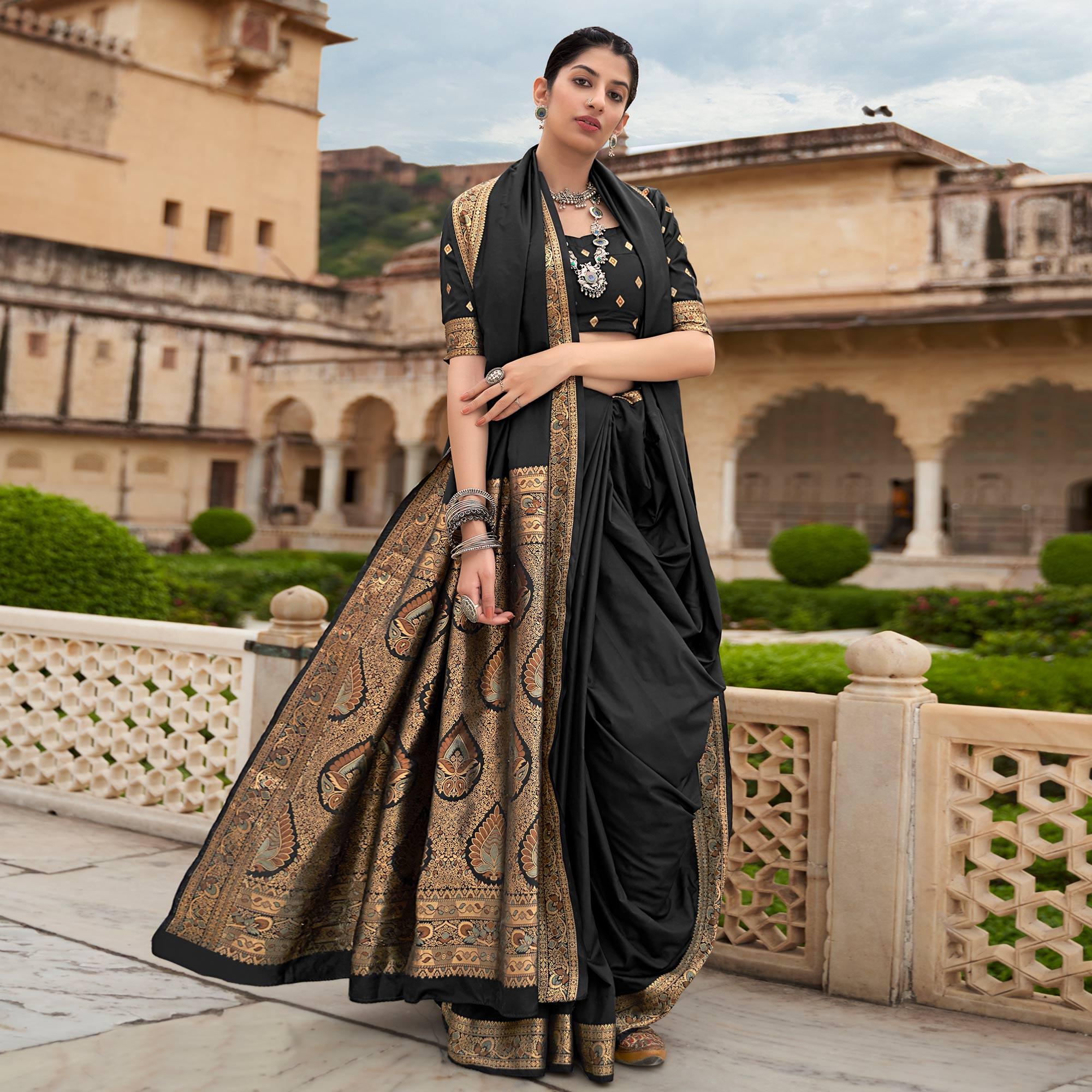 Black Festive Wear Woven Soft Banarasi Silk Saree - Peachmode