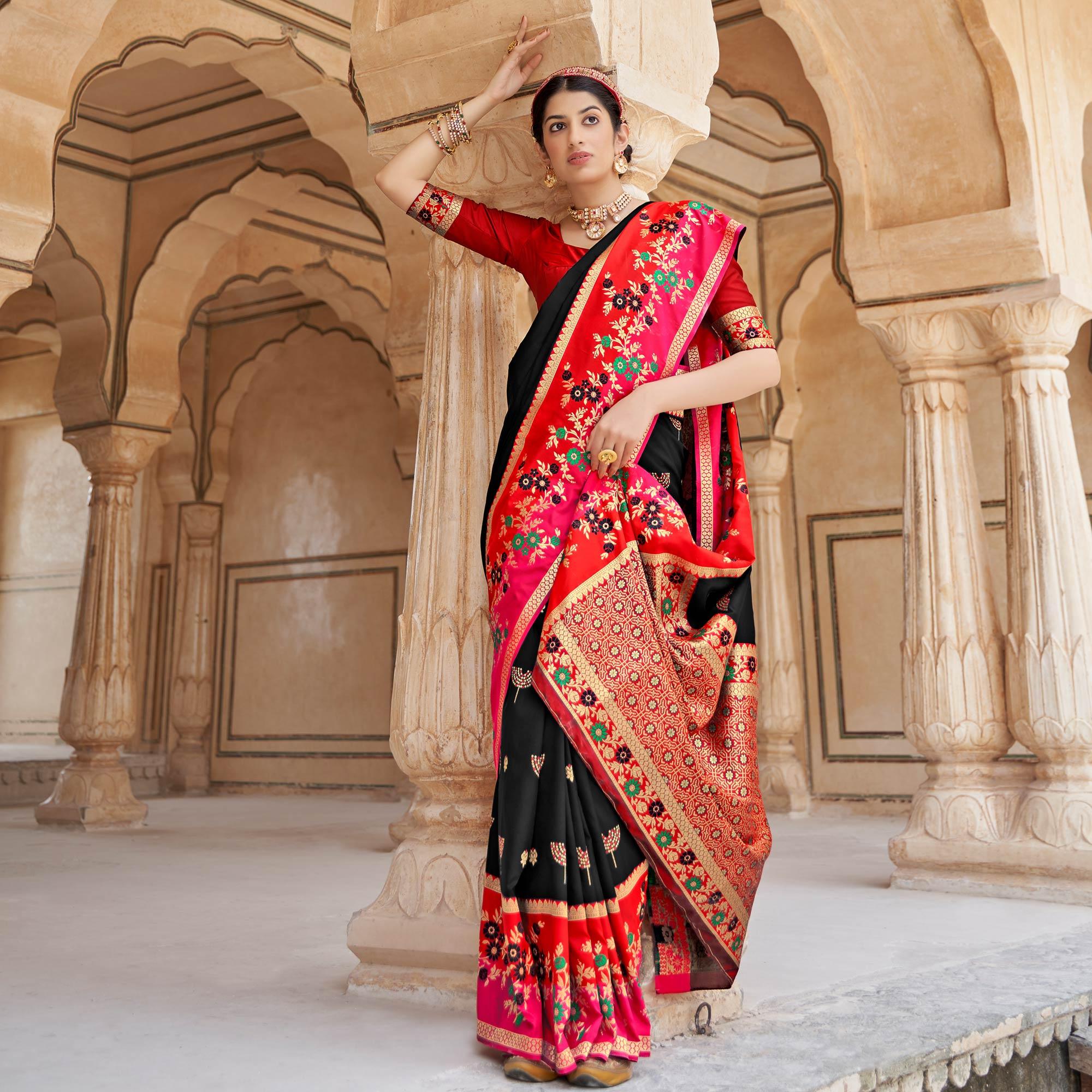 Black Festive Wear Woven Soft Banarasi Silk Saree - Peachmode