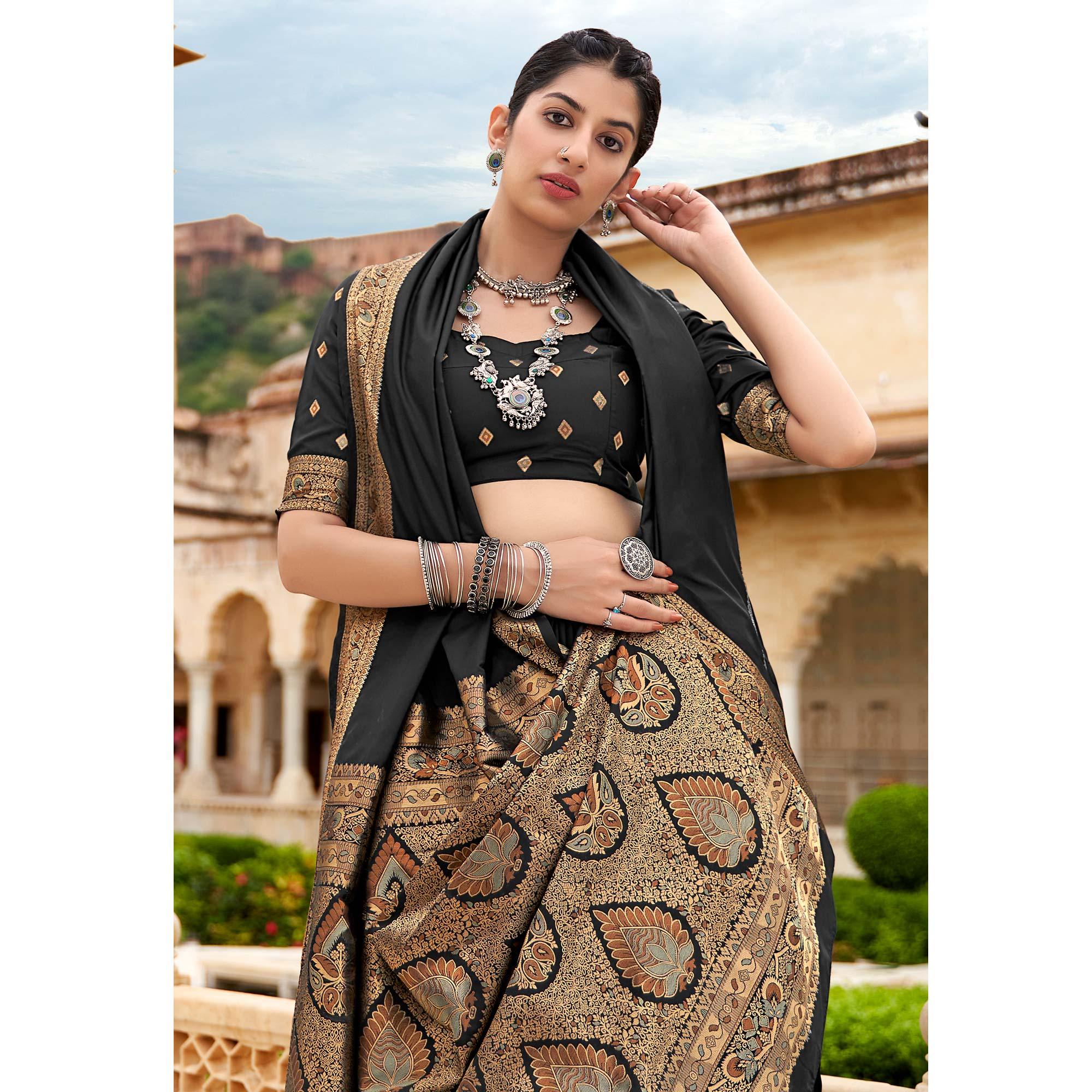Black Festive Wear Woven Soft Banarasi Silk Saree - Peachmode