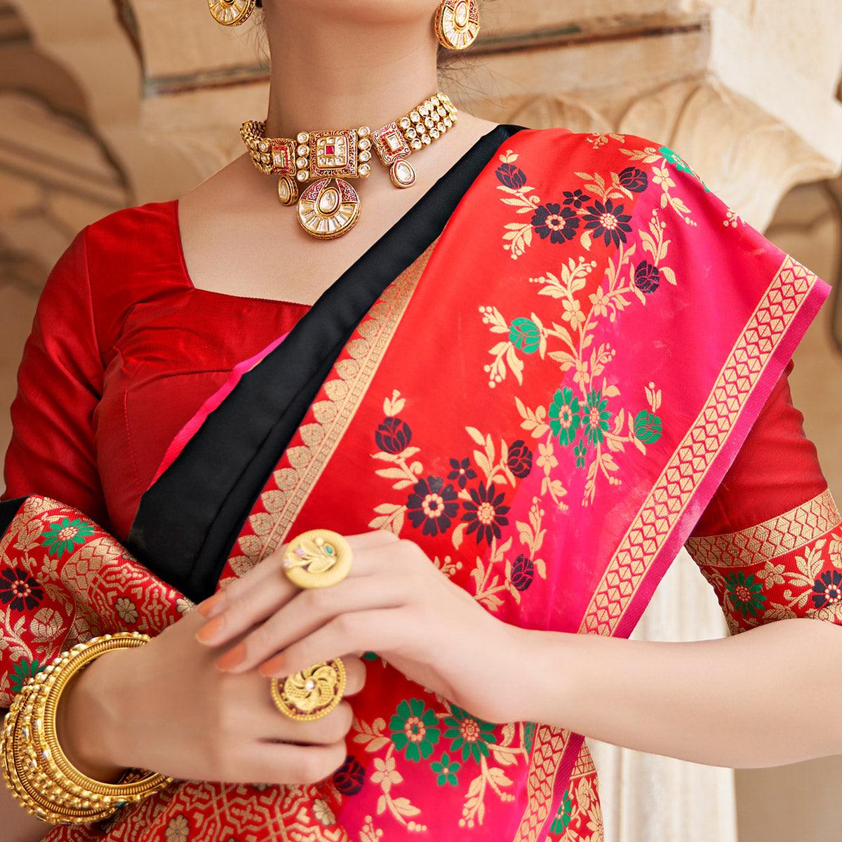 Black Festive Wear Woven Soft Banarasi Silk Saree - Peachmode