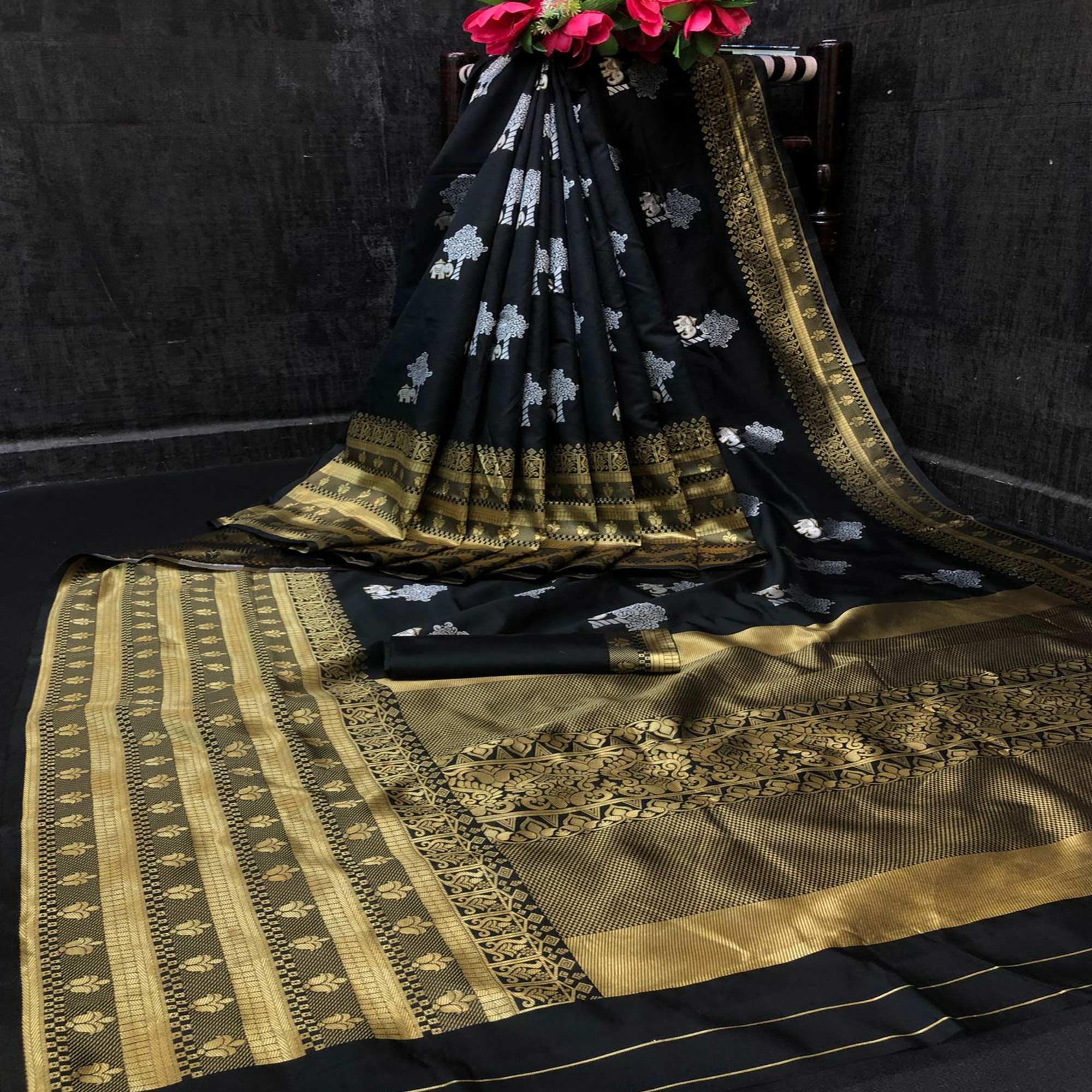 Black Festive Wear Woven Soft Lichi Silk Saree - Peachmode