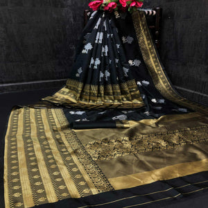 Black Festive Wear Woven Soft Lichi Silk Saree - Peachmode