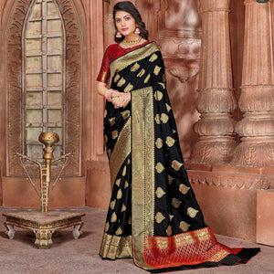Black Festive Wear Woven Soft Silk Saree - Peachmode