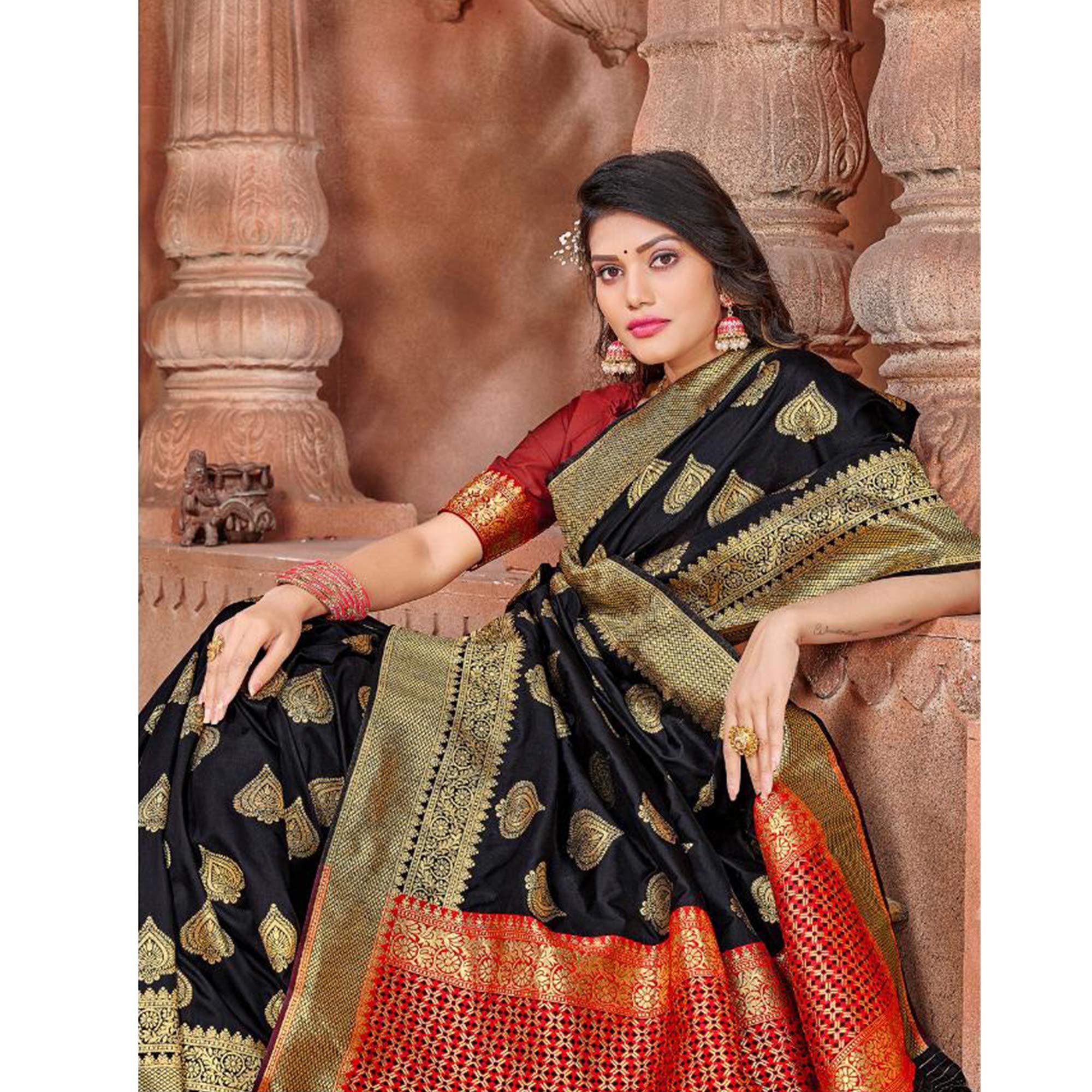 Black Festive Wear Woven Soft Silk Saree - Peachmode