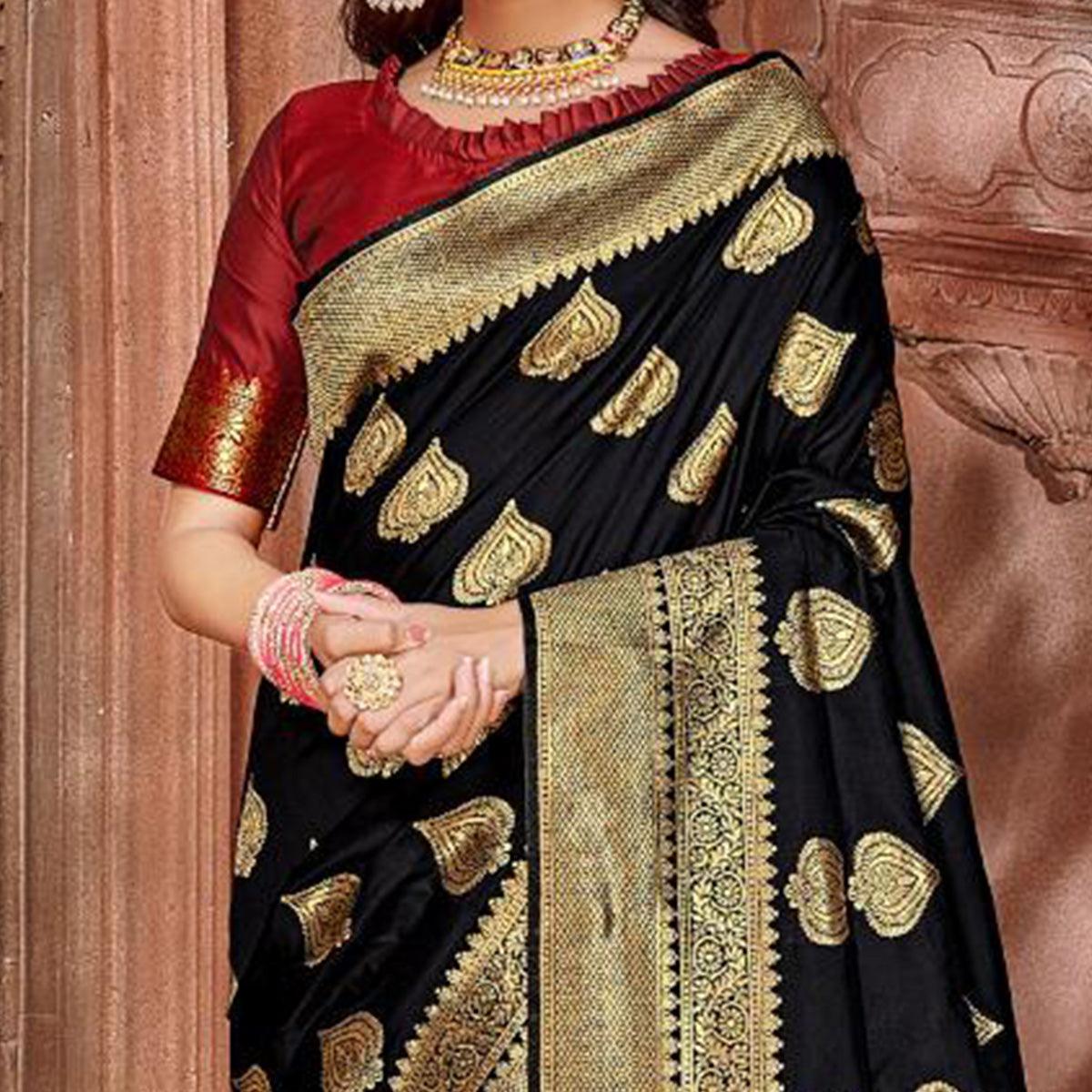 Black Festive Wear Woven Soft Silk Saree - Peachmode