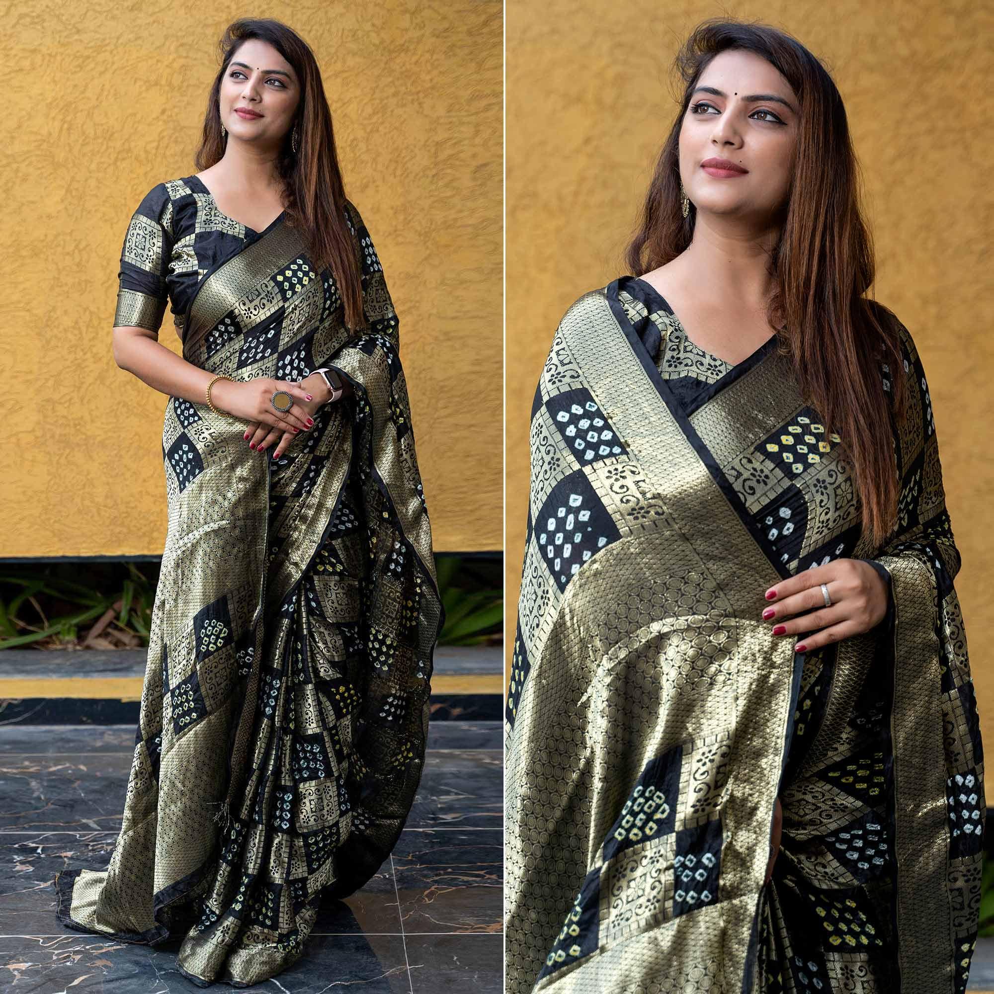 Black Festive Wear Woven With Bandhani Printed Art Silk Saree - Peachmode