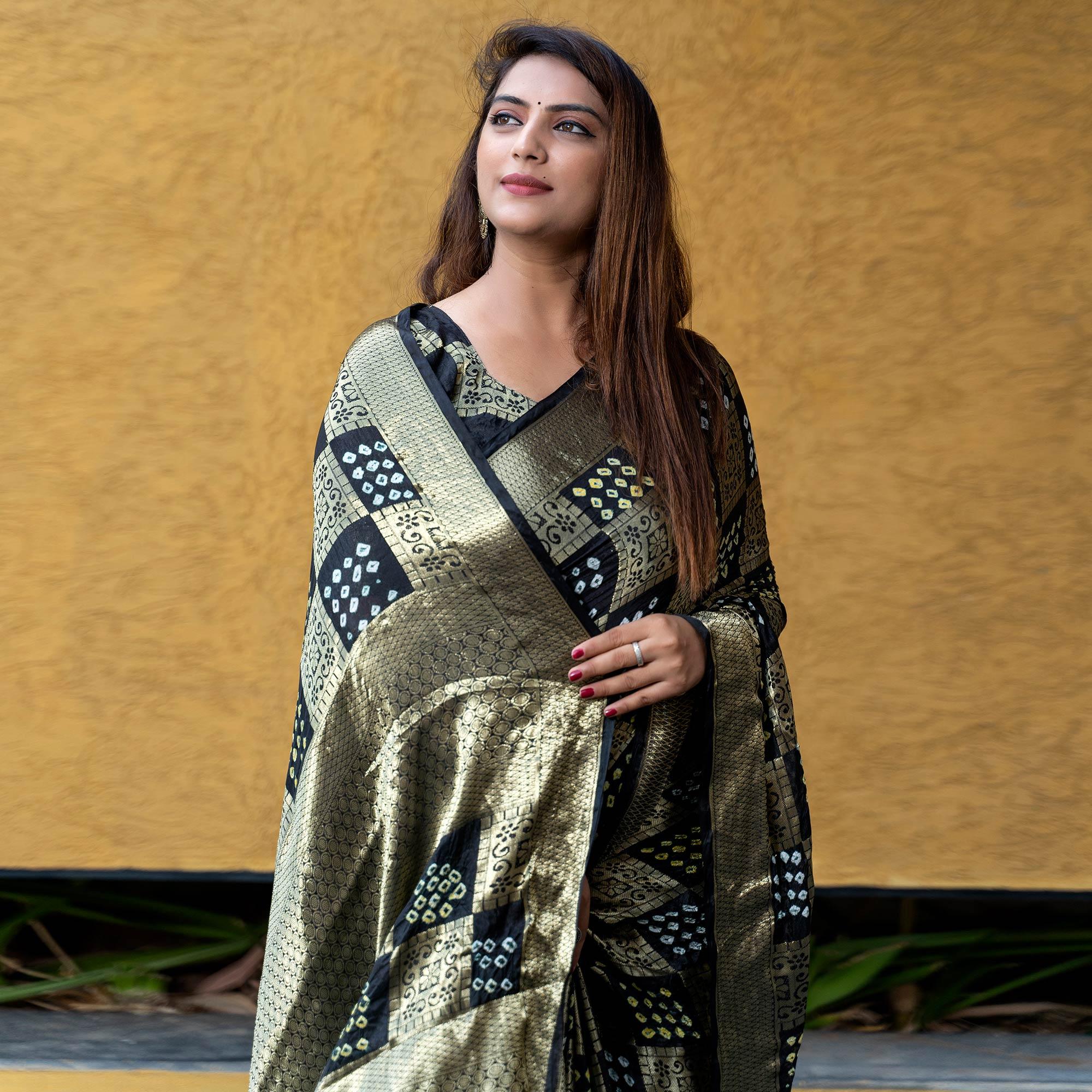 Black Festive Wear Woven With Bandhani Printed Art Silk Saree - Peachmode