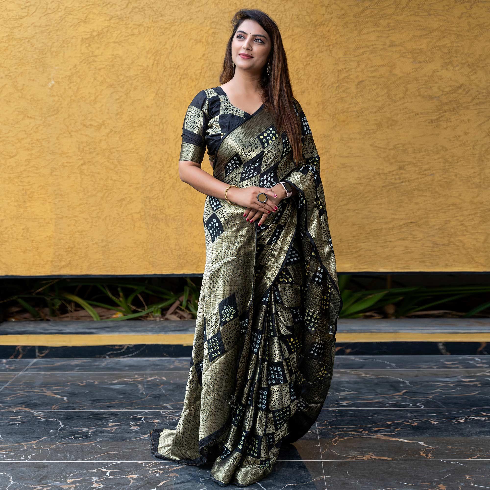 Black Festive Wear Woven With Bandhani Printed Art Silk Saree - Peachmode
