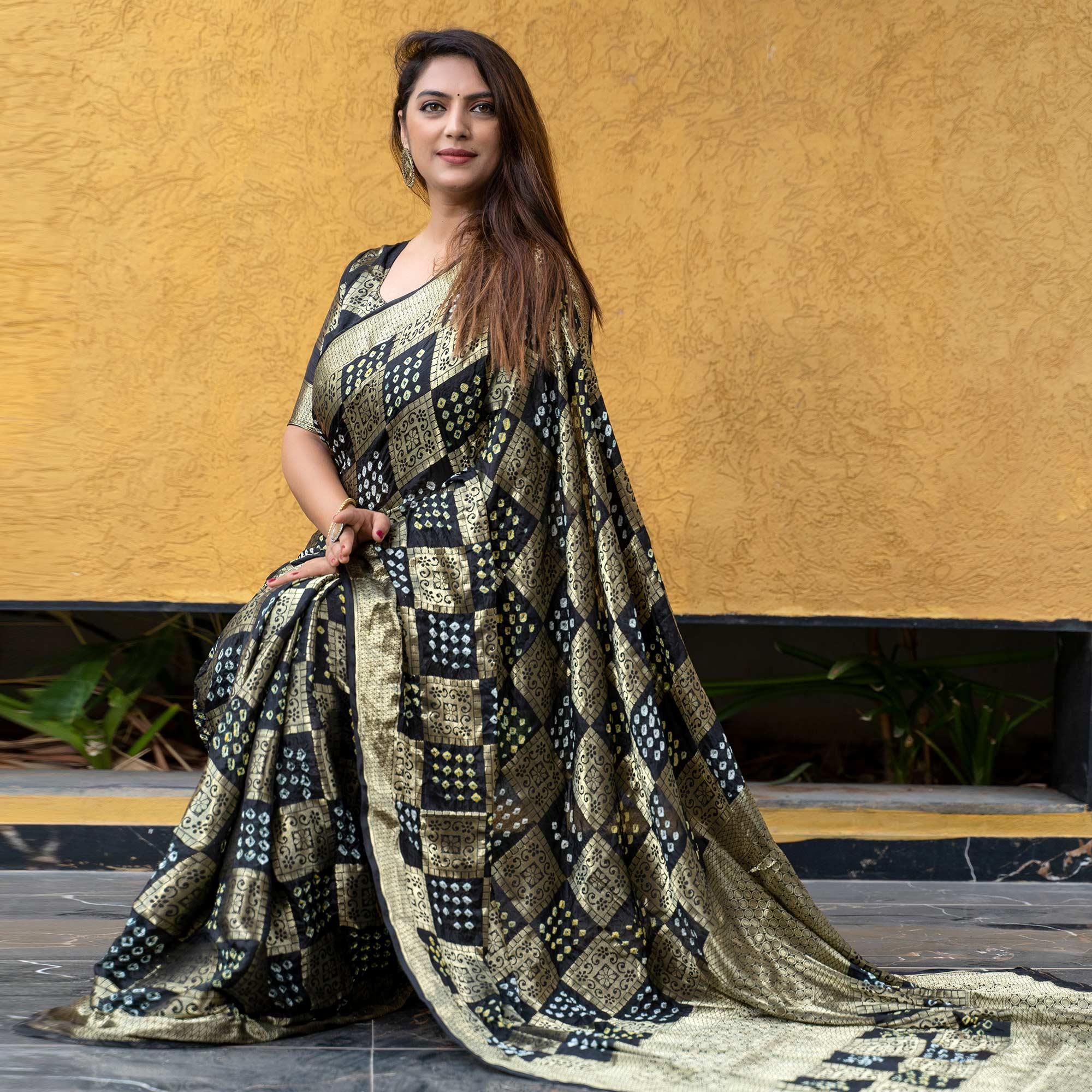 Black Festive Wear Woven With Bandhani Printed Art Silk Saree - Peachmode